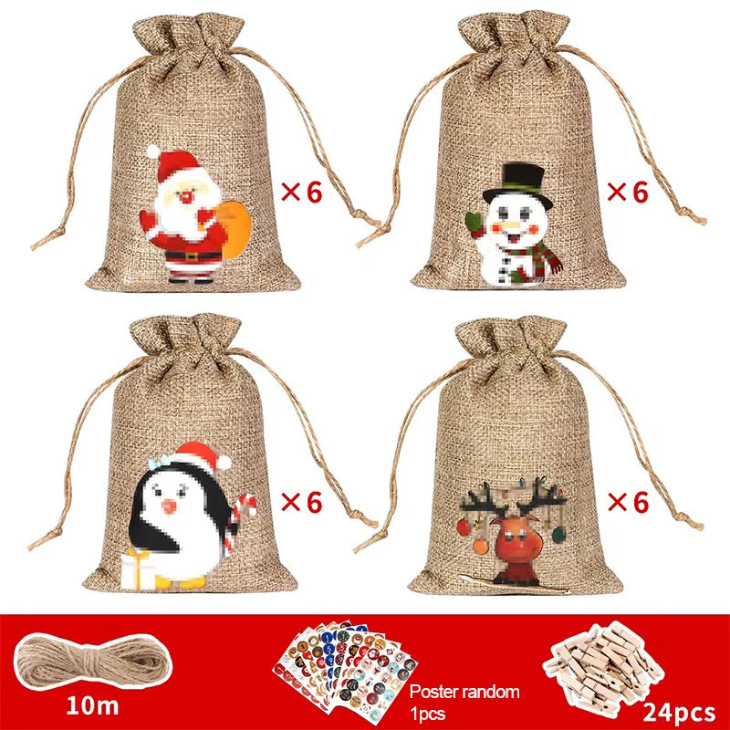 HollyTime – Advent Calendar Set 24 Gift Bags & Stickers – Reusable