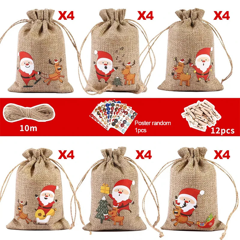 HollyTime – Advent Calendar Set 24 Gift Bags & Stickers – Reusable