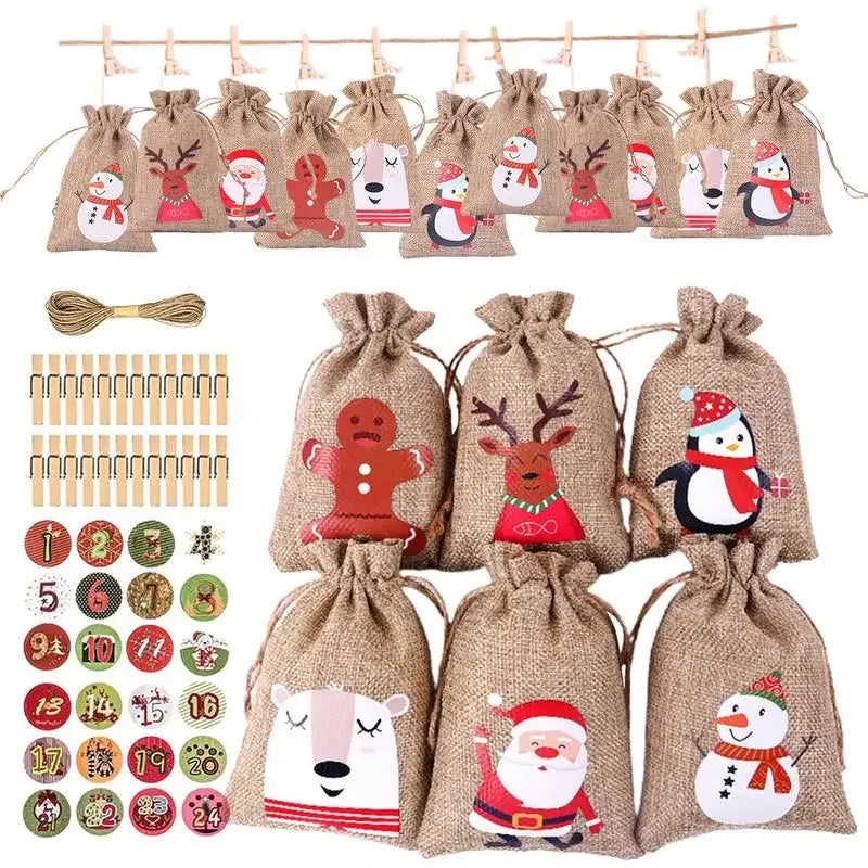 HollyTime – Advent Calendar Set 24 Gift Bags & Stickers – Reusable