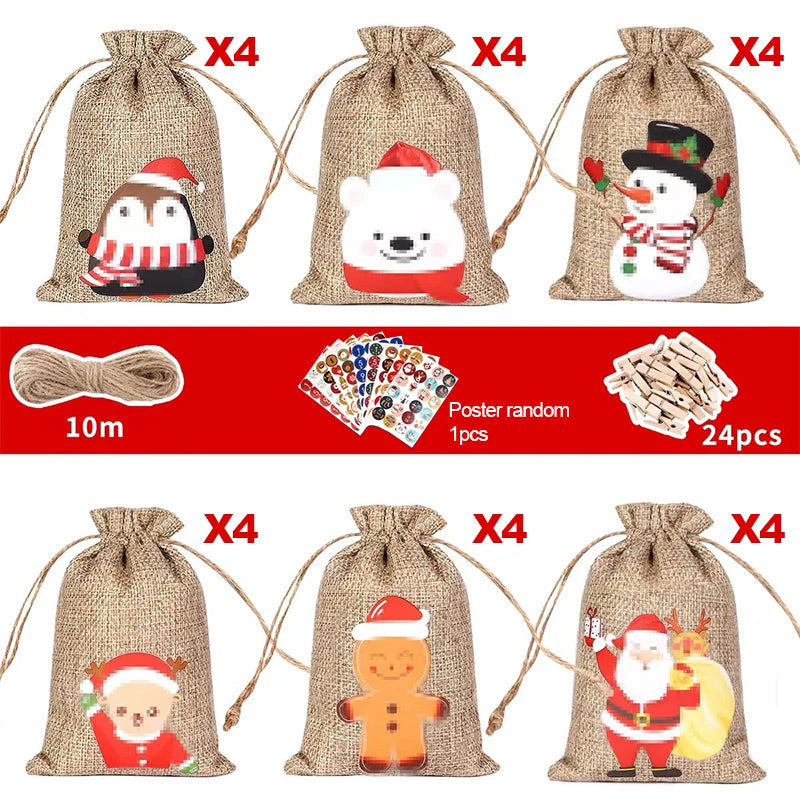 HollyTime – Advent Calendar Set 24 Gift Bags & Stickers – Reusable