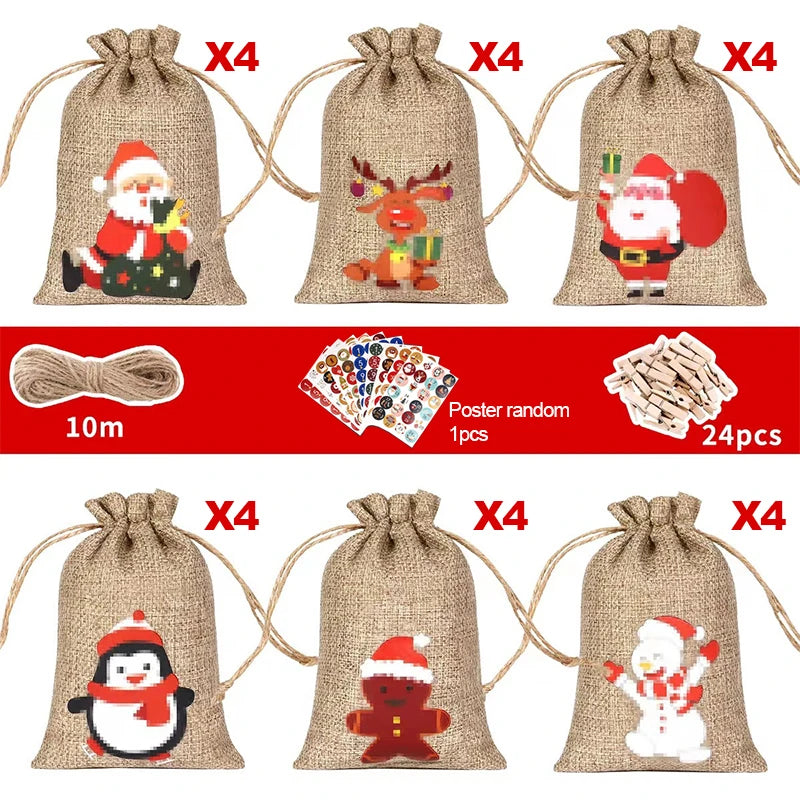 HollyTime – Advent Calendar Set 24 Gift Bags & Stickers – Reusable