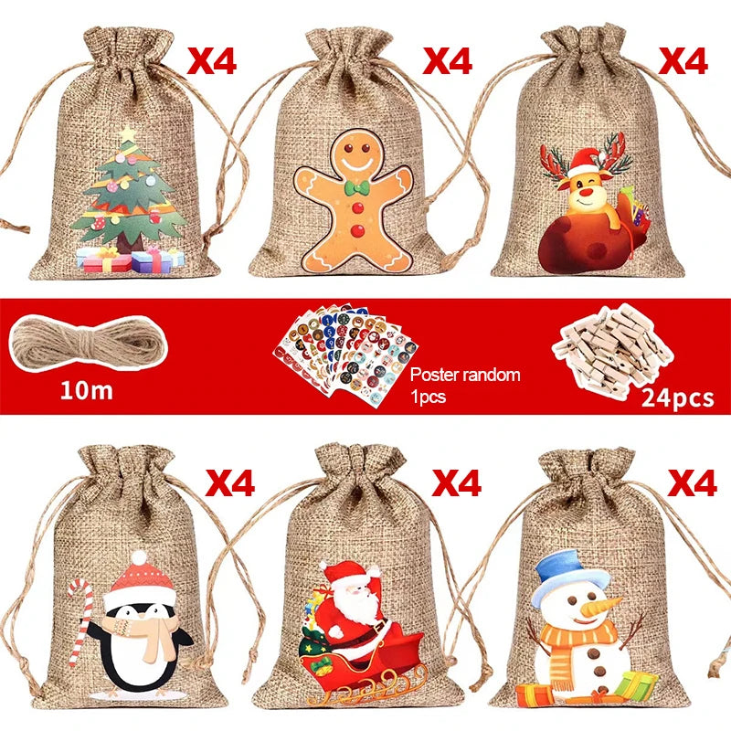 HollyTime – Advent Calendar Set 24 Gift Bags & Stickers – Reusable