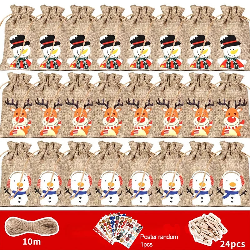 HollyTime – Advent Calendar Set 24 Gift Bags & Stickers – Reusable