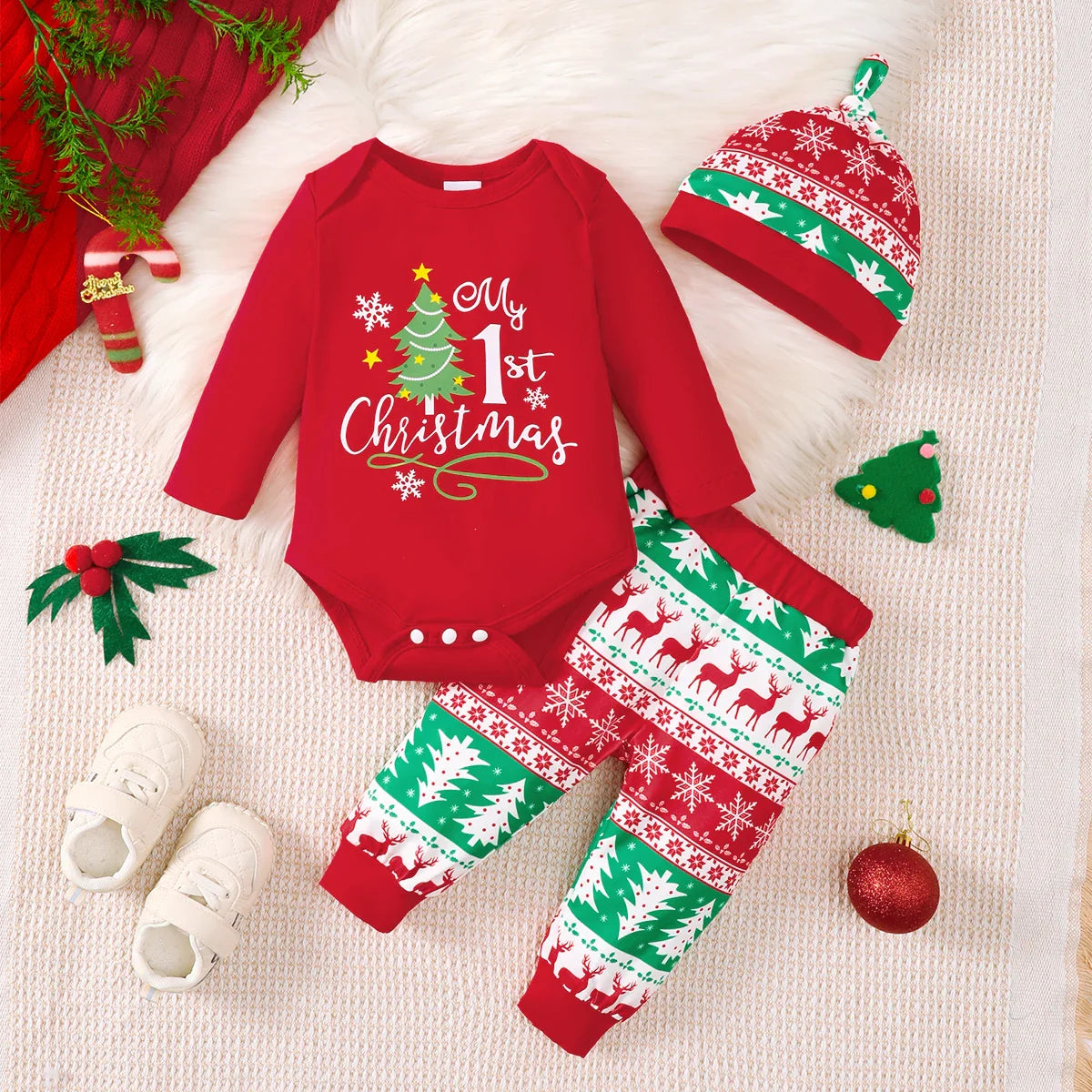 3-delige Kerstset voor Baby Jongens met Bedrukte Bodysuit, Broek en Hoed 0