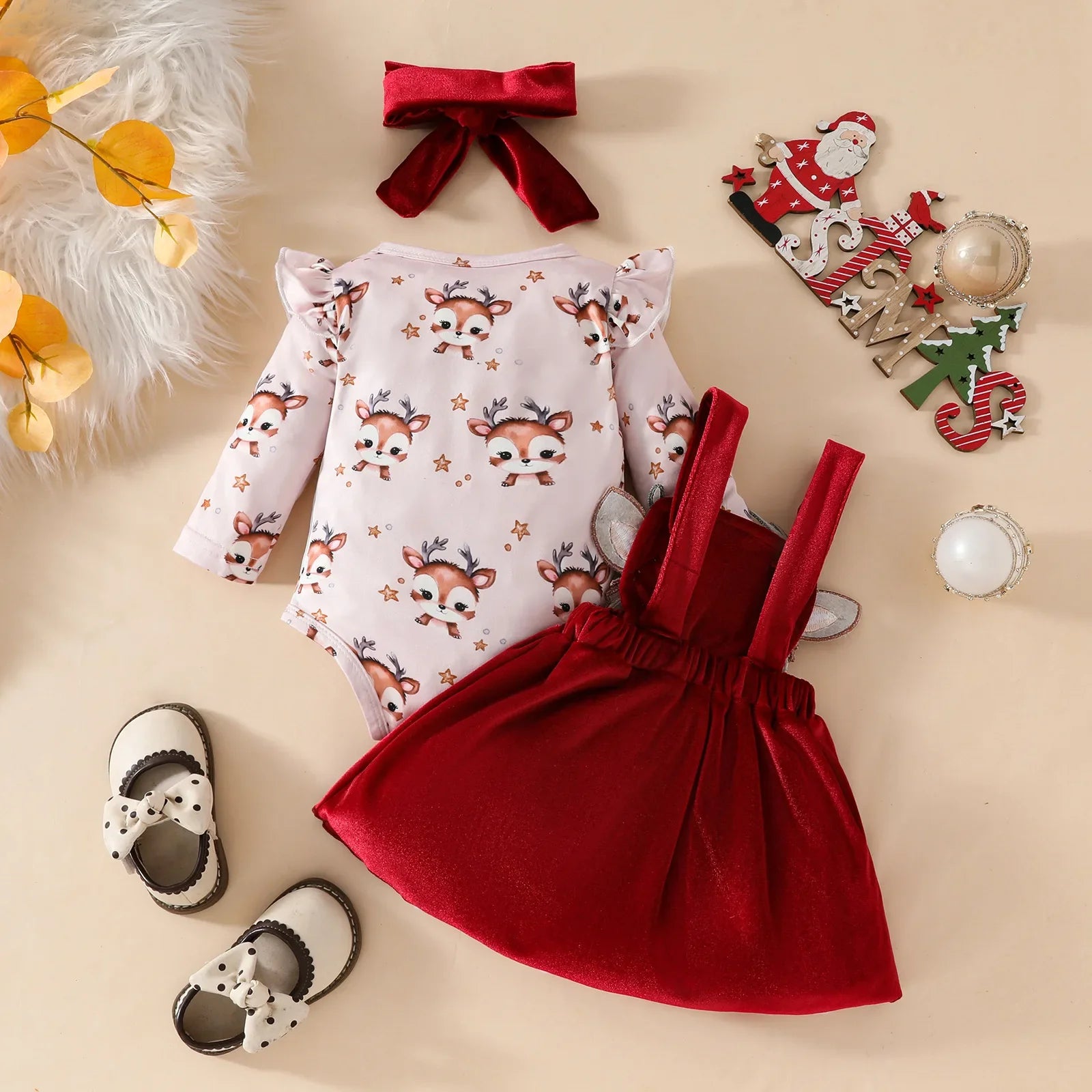 3-delige kerstoutfit voor babymeisjes met cartoonprint, jarreteljurkje en hoofdband 1