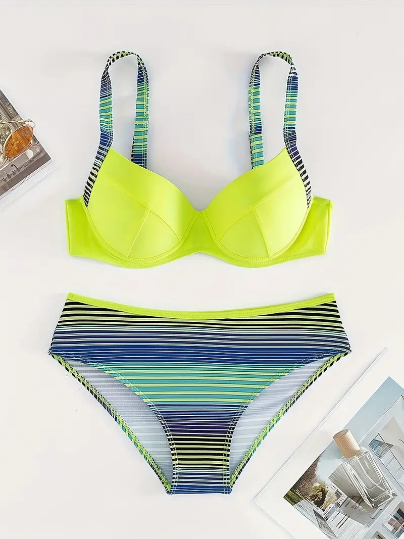 Melzano Adi | Two-piece bikini set for women with neon green stripe pattern