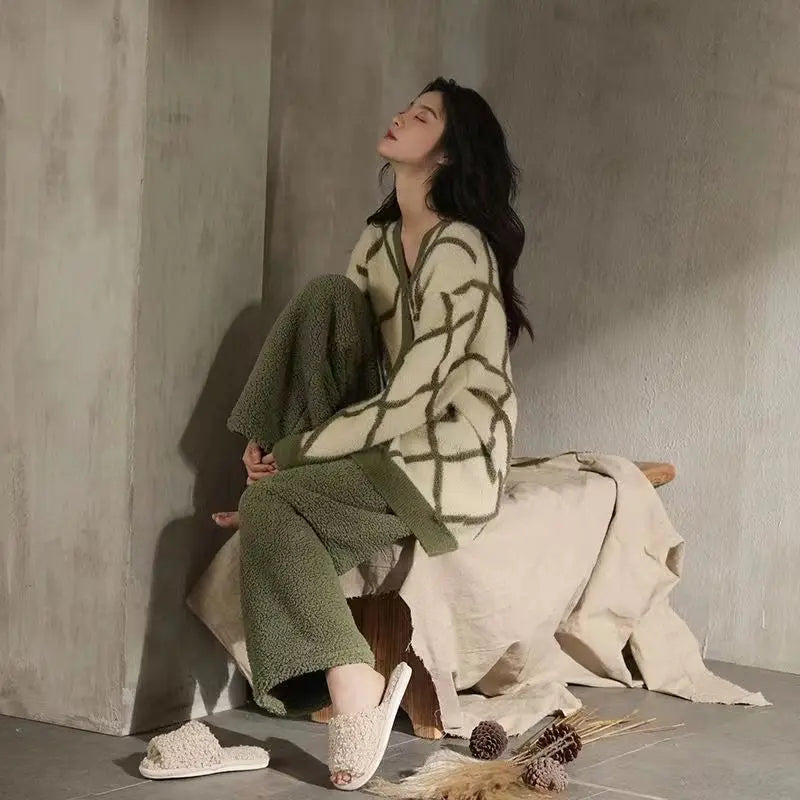 Lara Comfort Pyjama | Soft Coral Fleece Pyjama with Checked Vest for Women