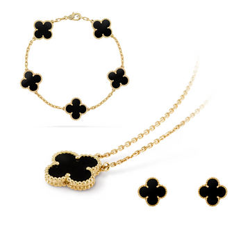 Corbi – Schmuckset Kleeblatt schwarz 18K vergoldet – Damen Accessoire