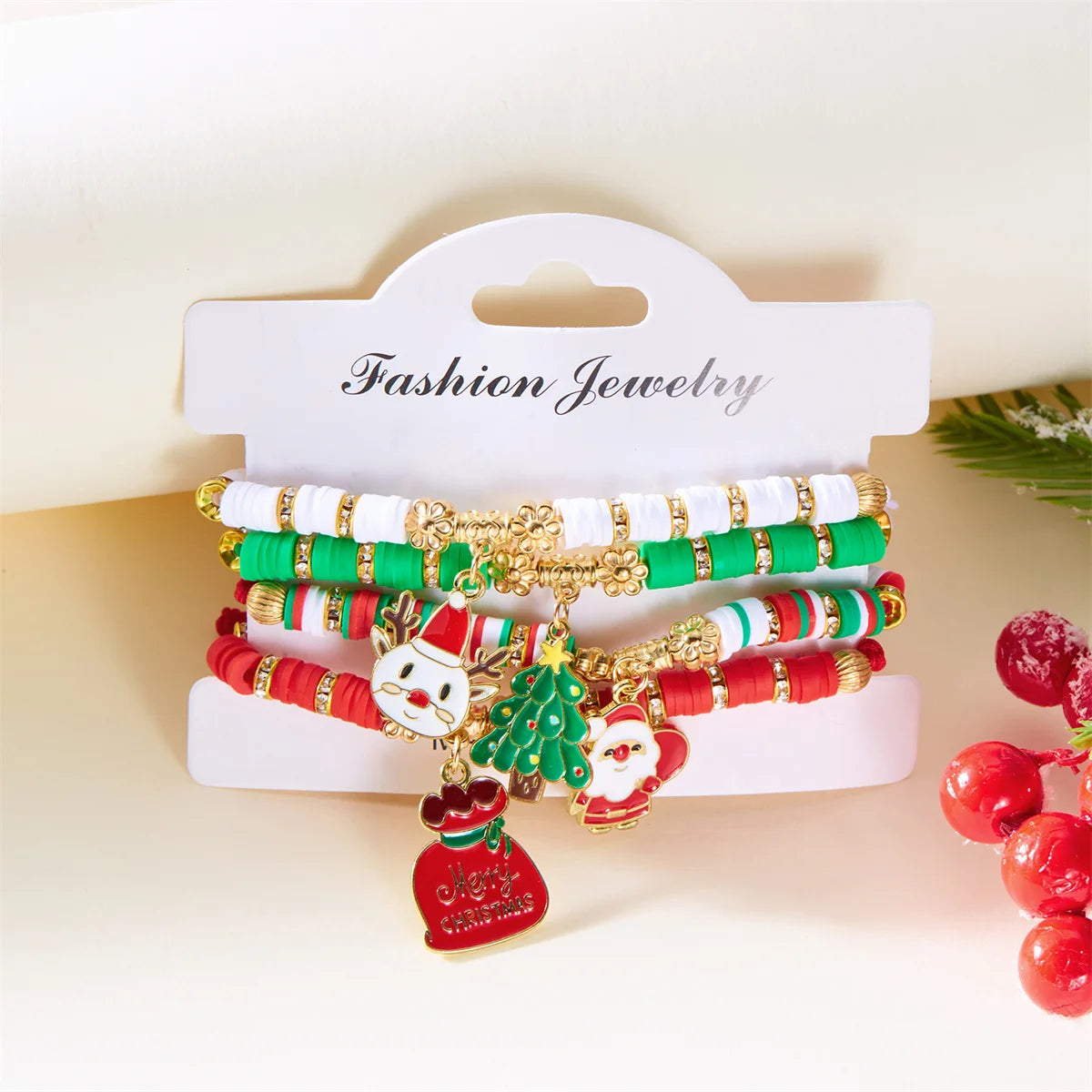 Set de 4 pulseras navideñas para mujeres con motivos de árbol de Navidad y Papá Noel