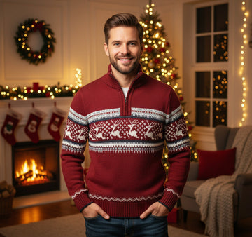 Xersei de inverno nórdico para homes – Xersei cálido de punto con cremallera media e patrón escandinavo de reno