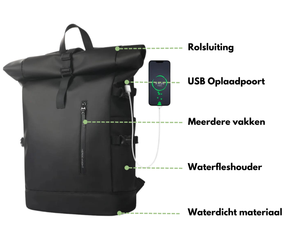 Rolltop Rugzak – Waterbestendig met USB & Laptopvak – 27L Capaciteit