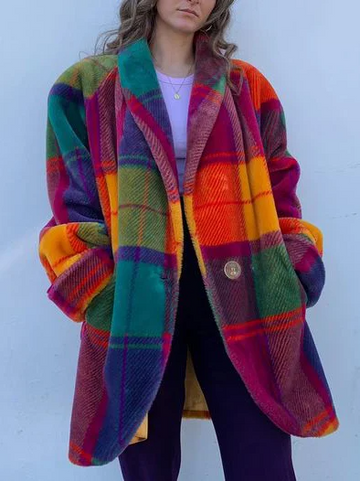 Wilbeth Jas - Abrigo de cuadros grande con diseño colorido para mujer