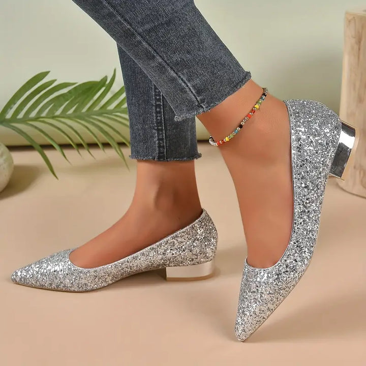 Quenna Zapatos | Zapatos de tacón bajo con purpurina brillante para looks festivos