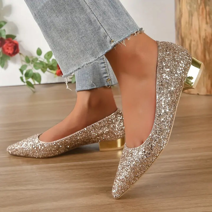 Quenna Zapatos | Zapatos de tacón bajo con purpurina brillante para looks festivos