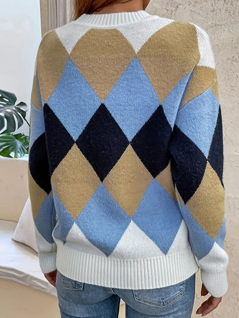 Nancy | Checkered Pattern Crew Neck Sweater for Timeless Elegance