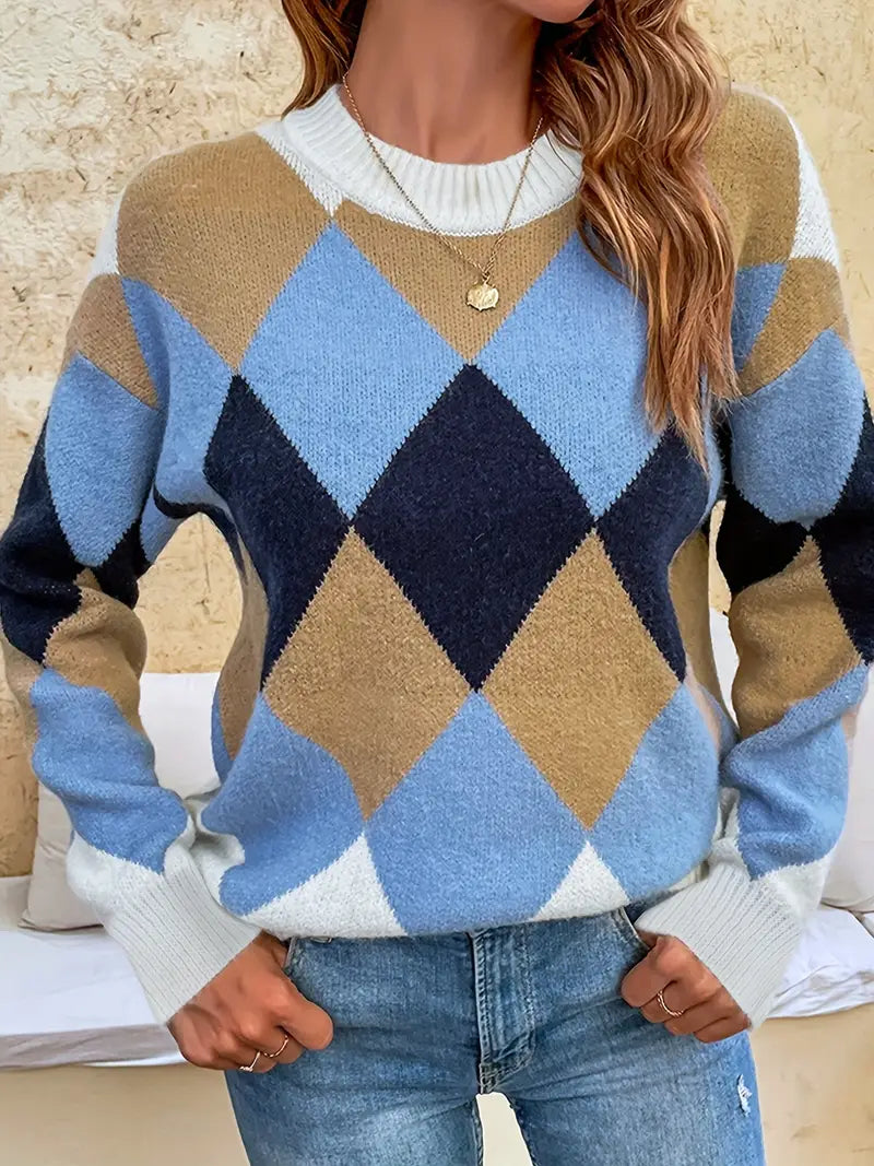 Nancy | Checkered Pattern Crew Neck Sweater for Timeless Elegance