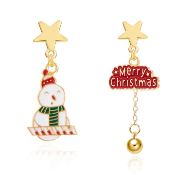 Pendientes de Navidad asimétricos con muñeco de nieve y lazo, rojo y blanco, 5 cm
