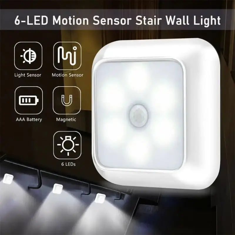 AuroraGlow 6-LED Bewegingssensor Licht – Draadloos Nachtlampje op Batterij voor Binnengebruik, Trap, Keuken & Kast