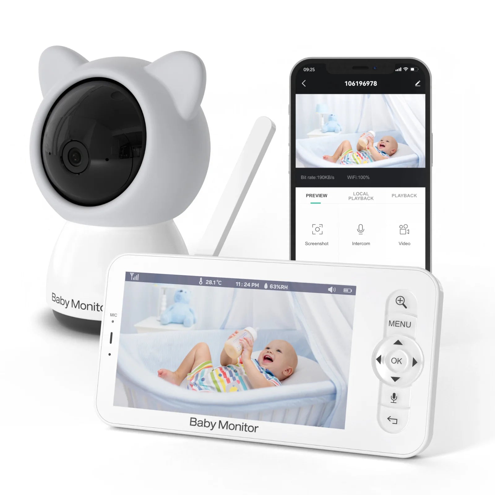 Babyfoon met Camera en App, 5 Inch HD Scherm, Nachtzicht en Lullabies