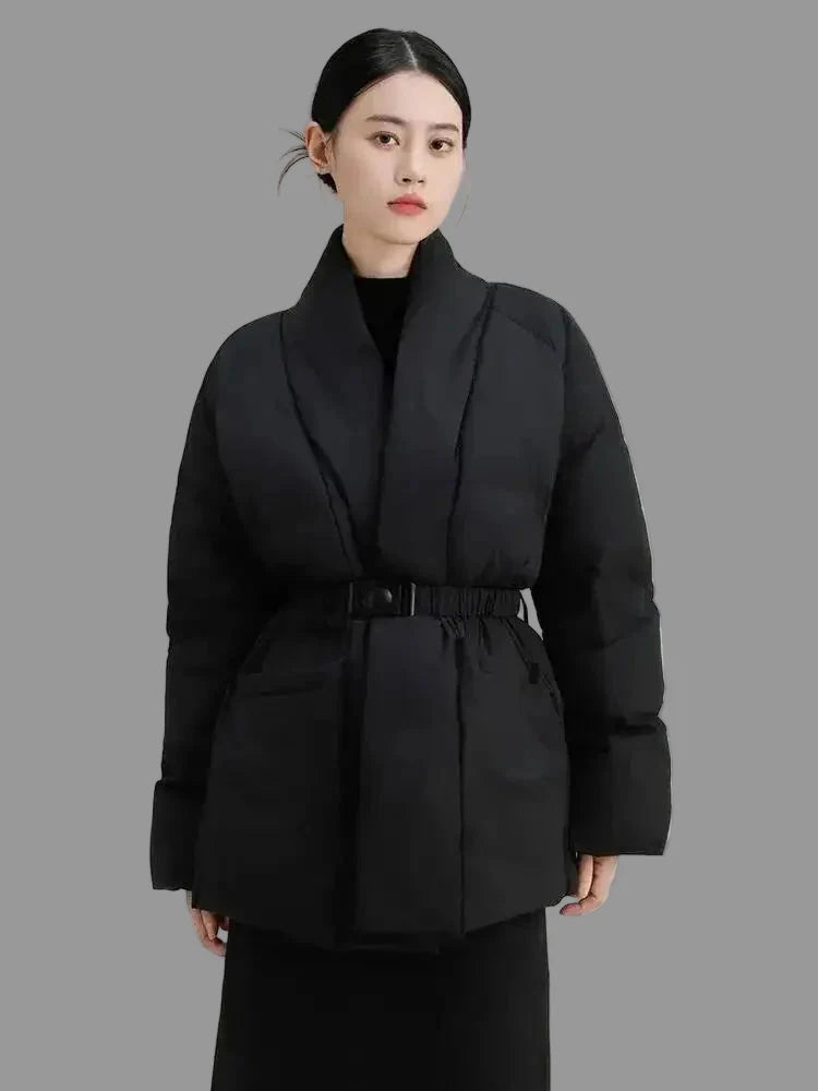 Brązowy Płaszcz Damski z Bawełny, Ciepły, Dekolt V, Duże Kieszenie 0