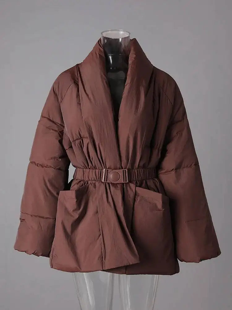 Brązowy Płaszcz Damski z Bawełny, Ciepły, Dekolt V, Duże Kieszenie 4