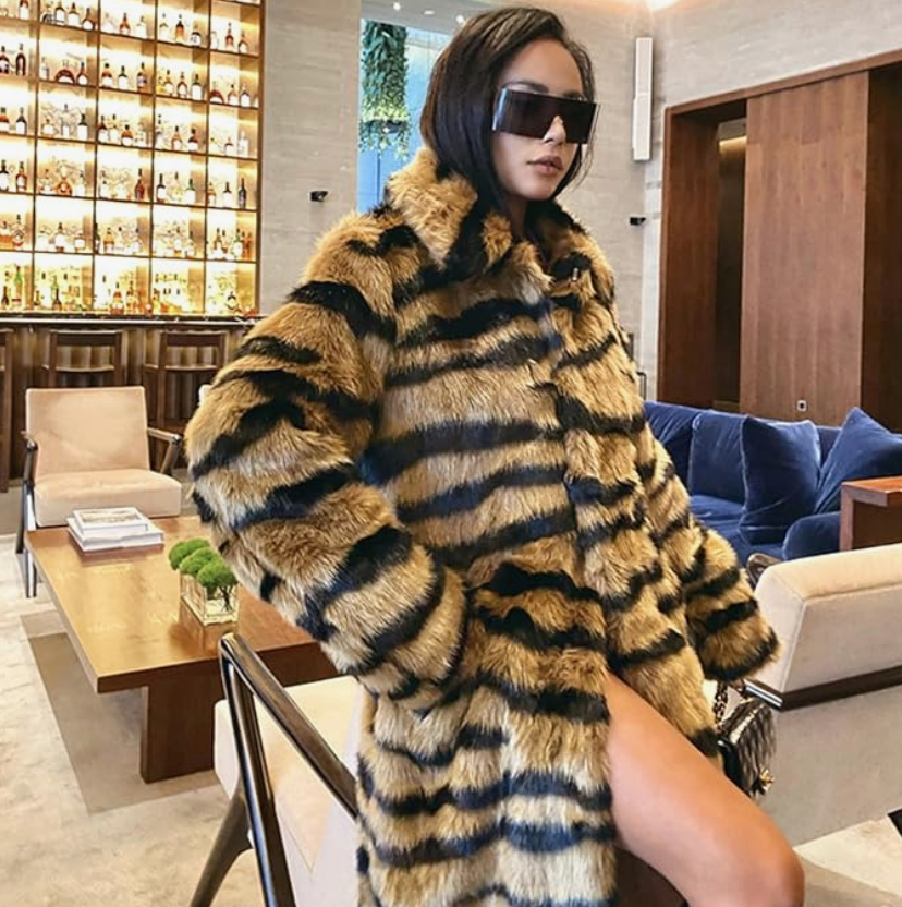 Bentlara Long Fur Coat Women with Animal Print | Luxury & Stylish Winter Design