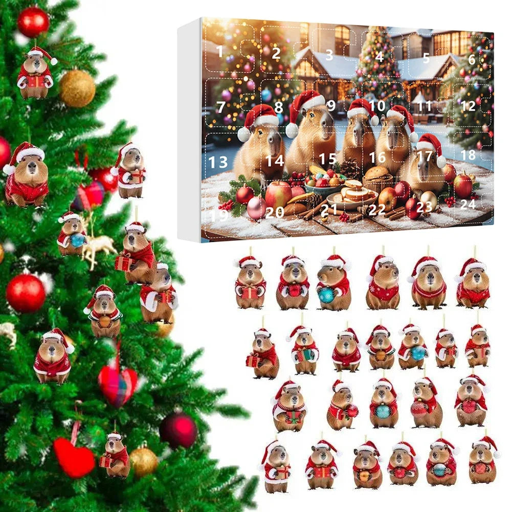 CapyJoy – Calendario de advento de capibara 2025 – 24 adornos de Nadal de acrílico