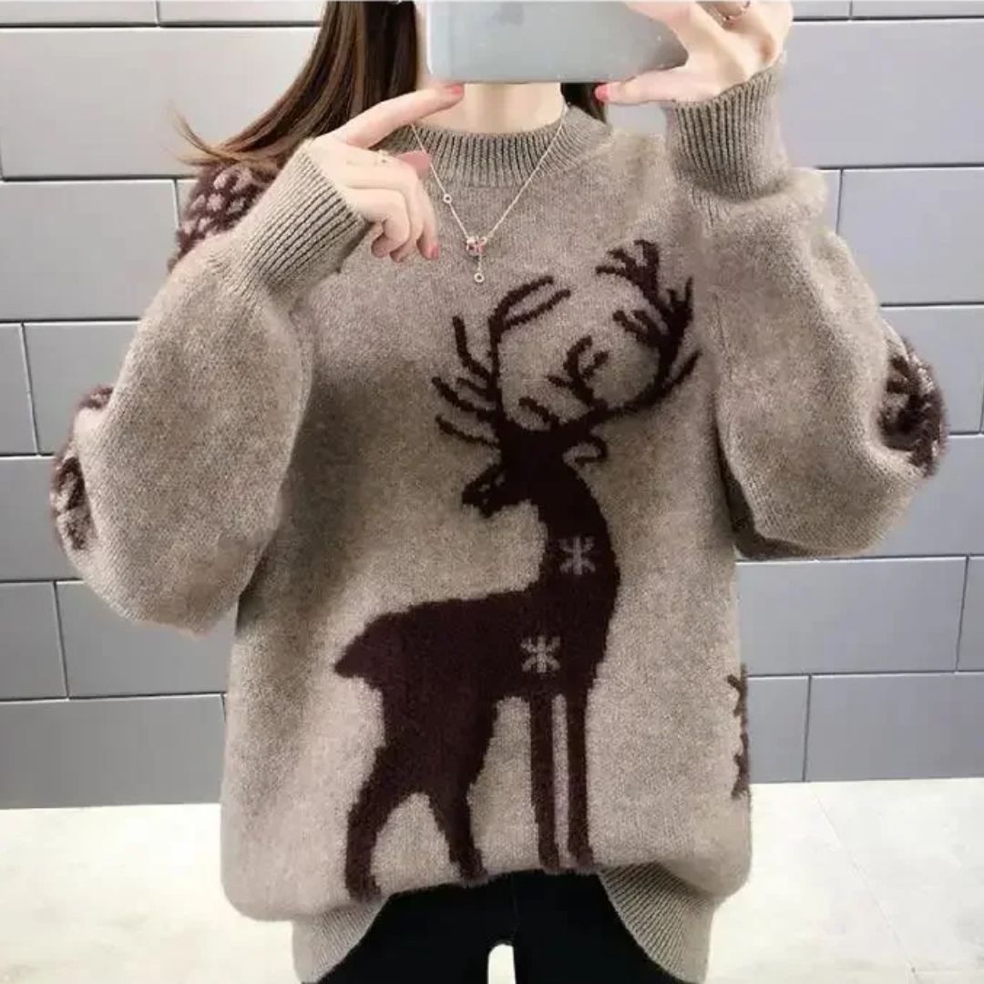 Hollywear – Kersttrui Dames met Feestelijke Print, warme Katoenmix voor winter en Kerstfeesten