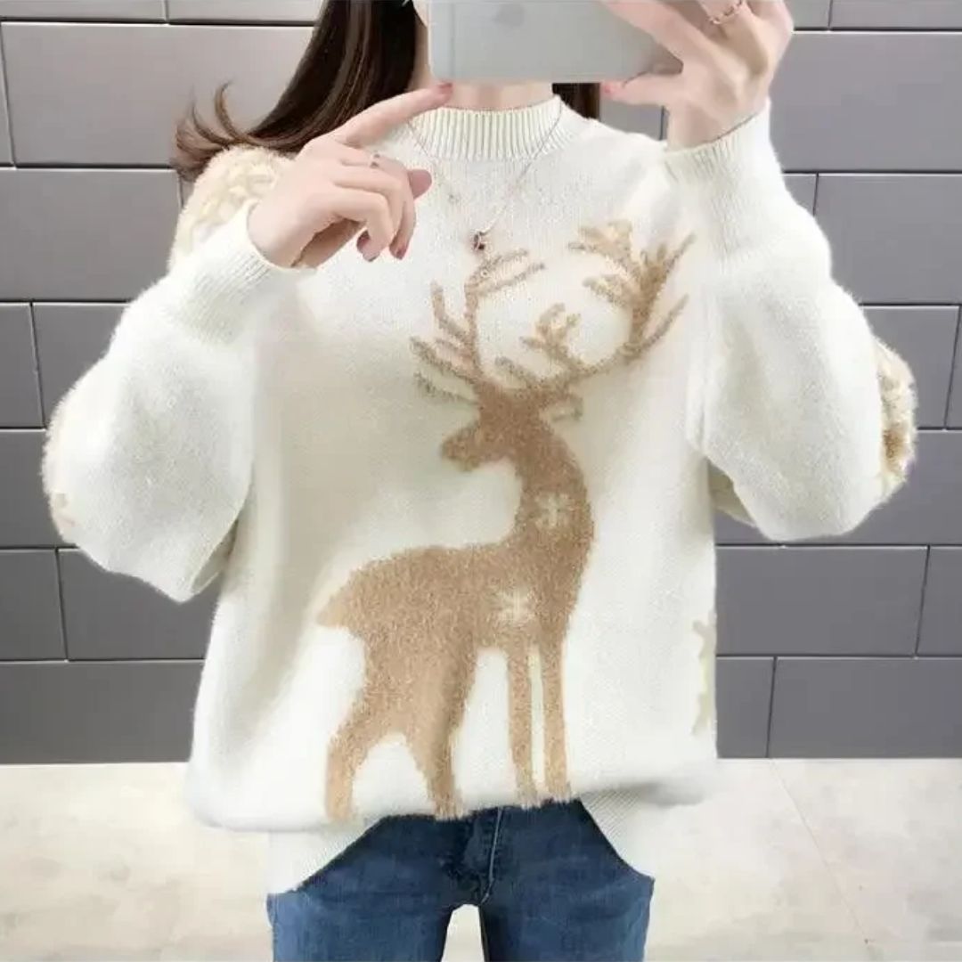 Hollywear – Kersttrui Dames met Feestelijke Print, warme Katoenmix voor winter en Kerstfeesten