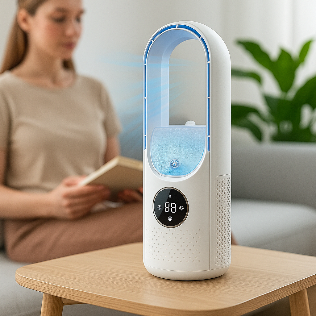 Compacte Bladloze Luchtkoeler – Stil, Veilig & Draagbaar met USB en Timer