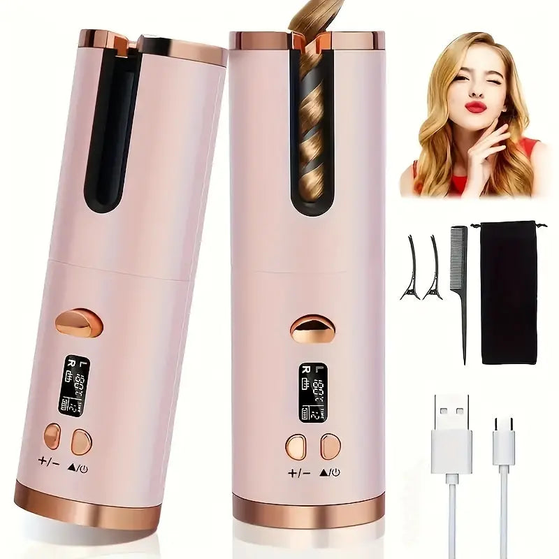 CurlEase Wireless Automatic Hair Curler – Rechargeable Curling Iron with Adjustable Temperature and Timer, Portable Hair Styling Tool, Perfect Christmas Gift