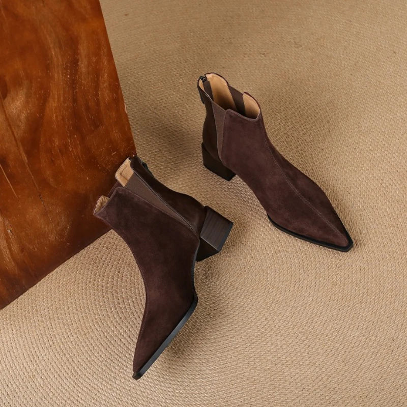 Damskie Botki na Grubym Obcasie, Skórzane i Zamszowe, Zamek, Na Jesień i Zimę 6