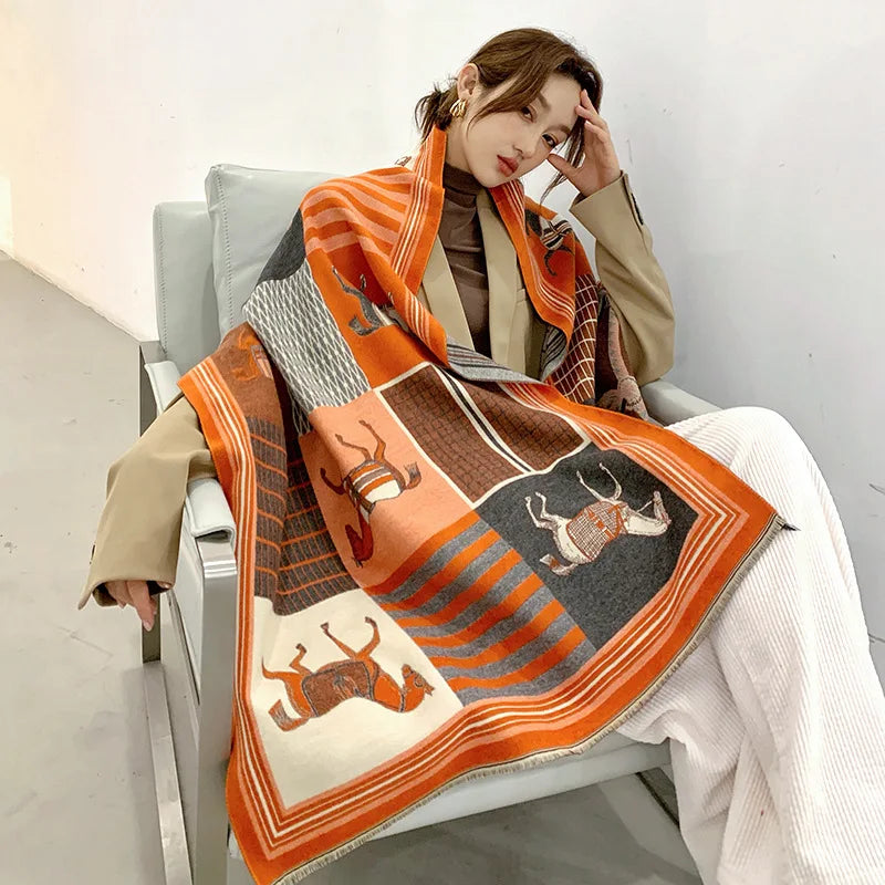 Equinelle Dames Sjaal – Winter Sjaal met Paardprint, Zachte Luxe Stof & Elegant Design