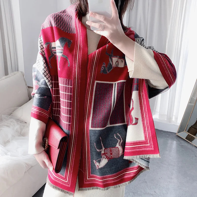Equinelle Dames Sjaal – Winter Sjaal met Paardprint, Zachte Luxe Stof & Elegant Design