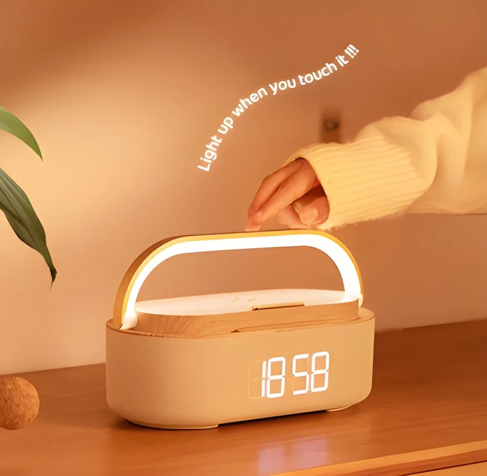 Luminix – 5-in-1 draadloze oplader met klok speaker lamp – nachtkastje
