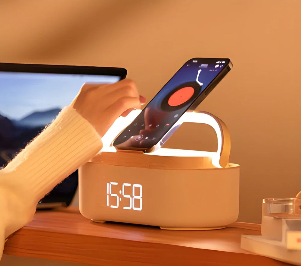 Luminix – 5-in-1 draadloze oplader met klok speaker lamp – nachtkastje