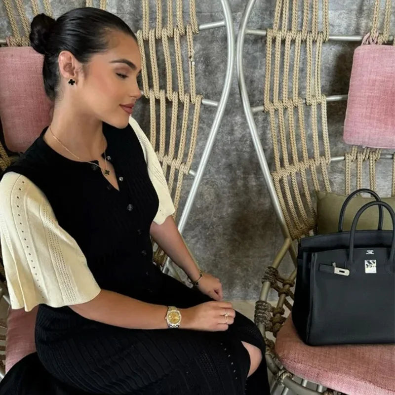 Elegancka Sukienka na Wesele z Dzianiny, Krótki Rękaw, Wysoka Talia 7