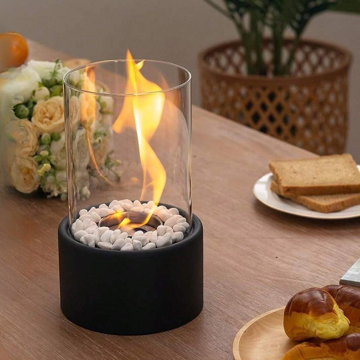 Elegante Olielamp Glas met Veiligheidsfunctie en Decoratiestenen - Sfeerlicht voor Binnen en Buiten