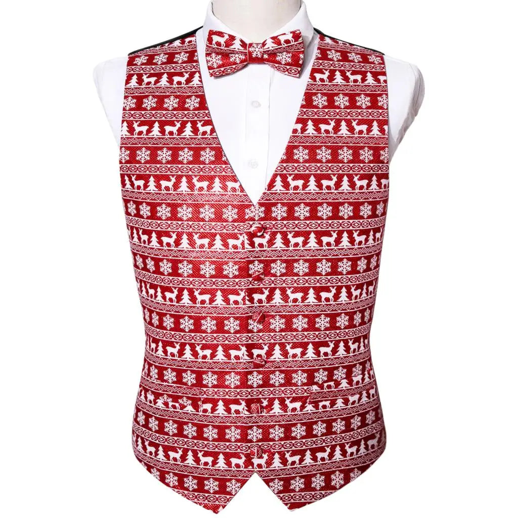 Redverne Heren Vest – Formeel Kerst Vest met Elanden & Sneeuwvlokken, Inclusief Stropdas en Bowtie