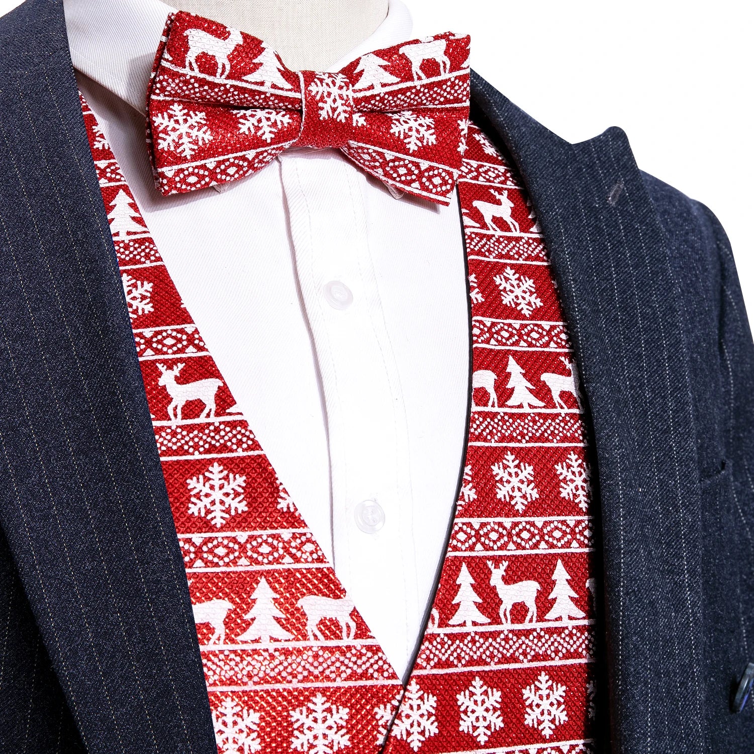 Redverne Heren Vest – Formeel Kerst Vest met Elanden & Sneeuwvlokken, Inclusief Stropdas en Bowtie