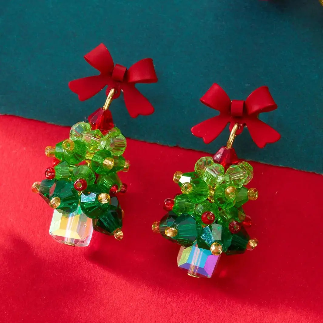 Crystaléa – Green Crystal Christmas Tree Earrings with Hairball
