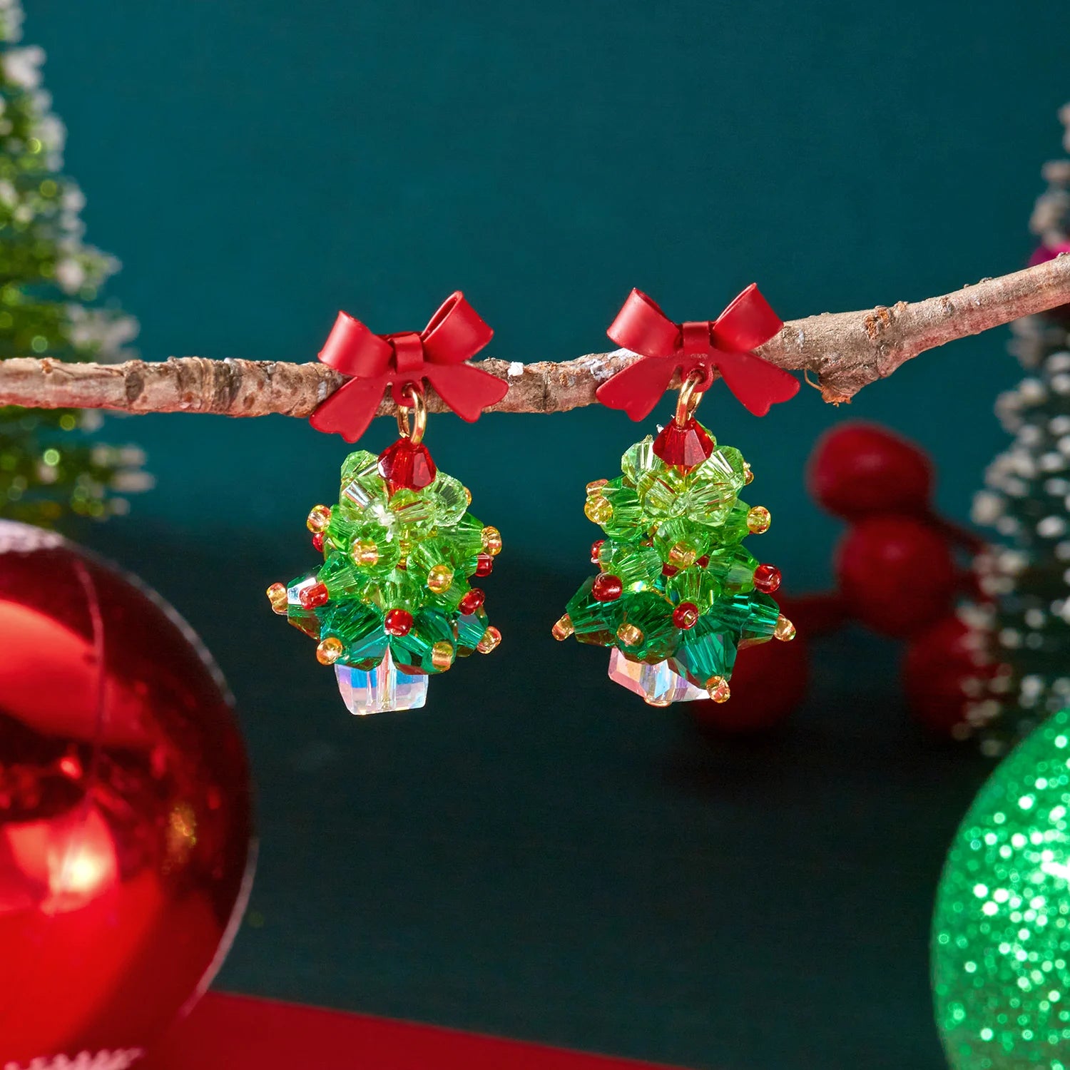Crystaléa – Green Crystal Christmas Tree Earrings with Hairball