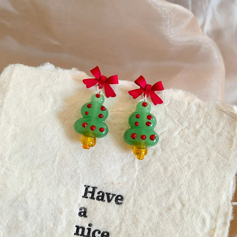 Crystaléa – Green Crystal Christmas Tree Earrings with Hairball