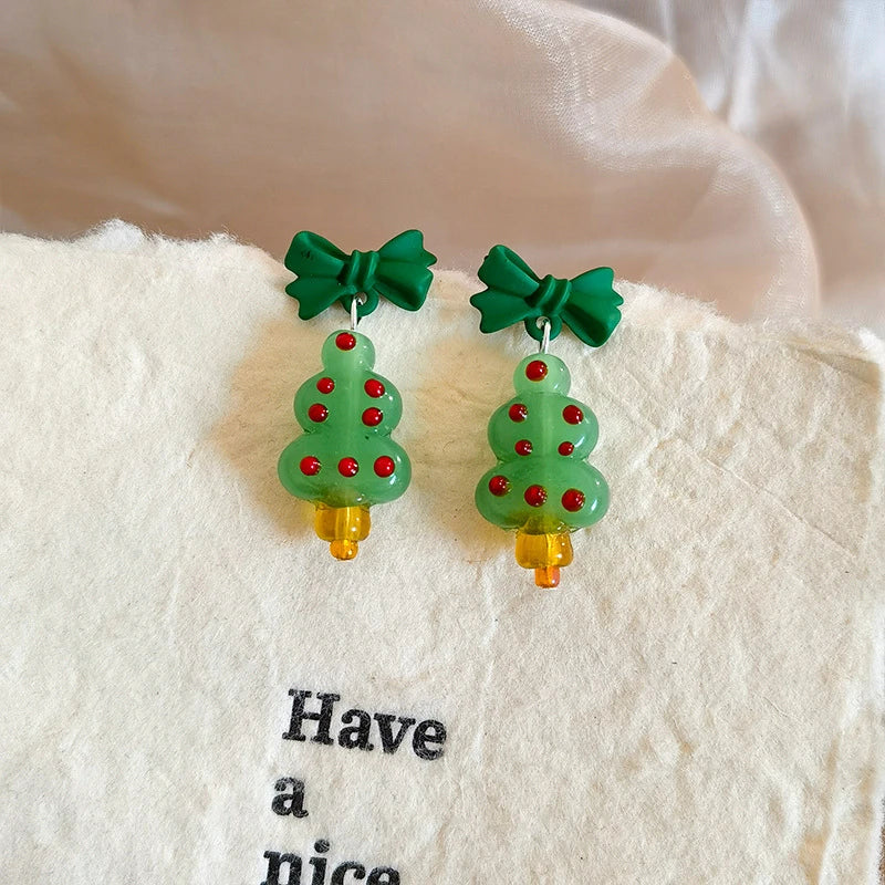 Crystaléa – Green Crystal Christmas Tree Earrings with Hairball
