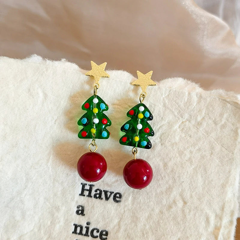 Crystaléa – Green Crystal Christmas Tree Earrings with Hairball