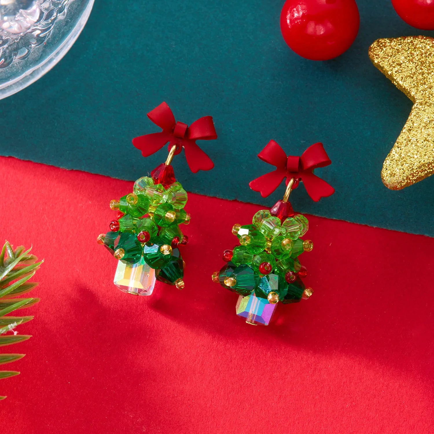 Crystaléa – Green Crystal Christmas Tree Earrings with Hairball