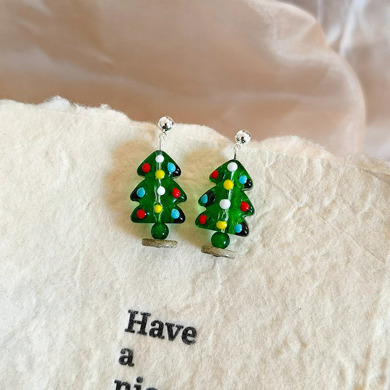 Crystaléa – Green Crystal Christmas Tree Earrings with Hairball
