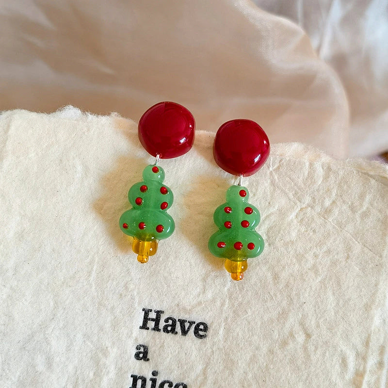 Crystaléa – Green Crystal Christmas Tree Earrings with Hairball