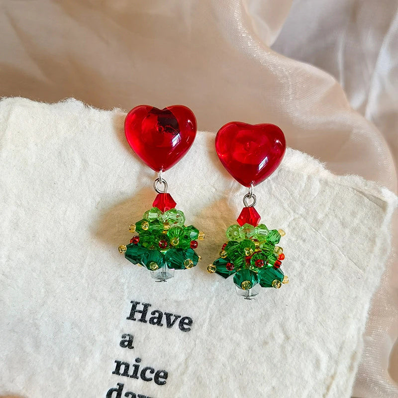 Crystaléa – Green Crystal Christmas Tree Earrings with Hairball