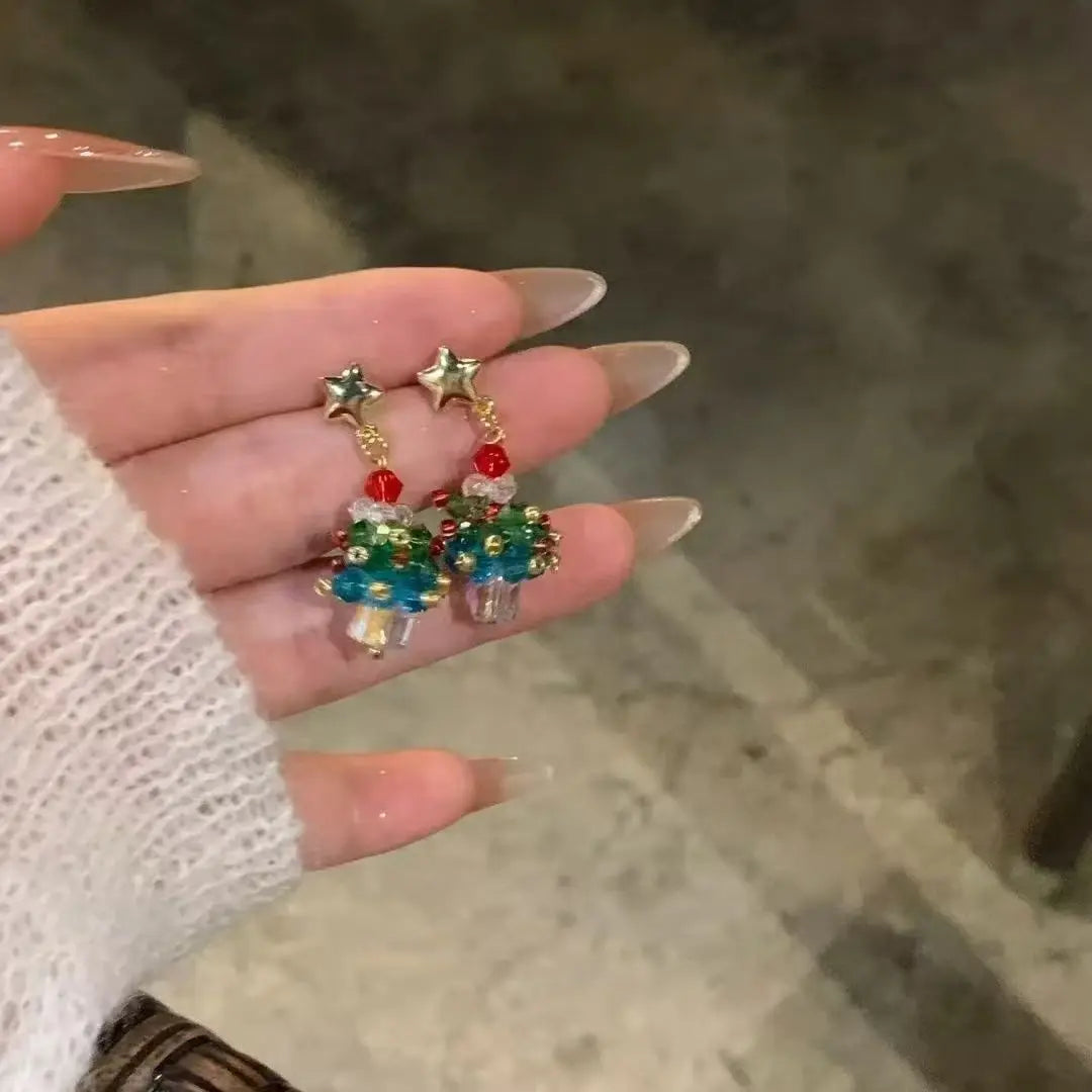 Crystaléa – Green Crystal Christmas Tree Earrings with Hairball